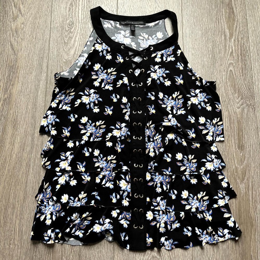White House Black Market‎ Tank Top Women's XS Black Lace Up Floral 2139 Medium